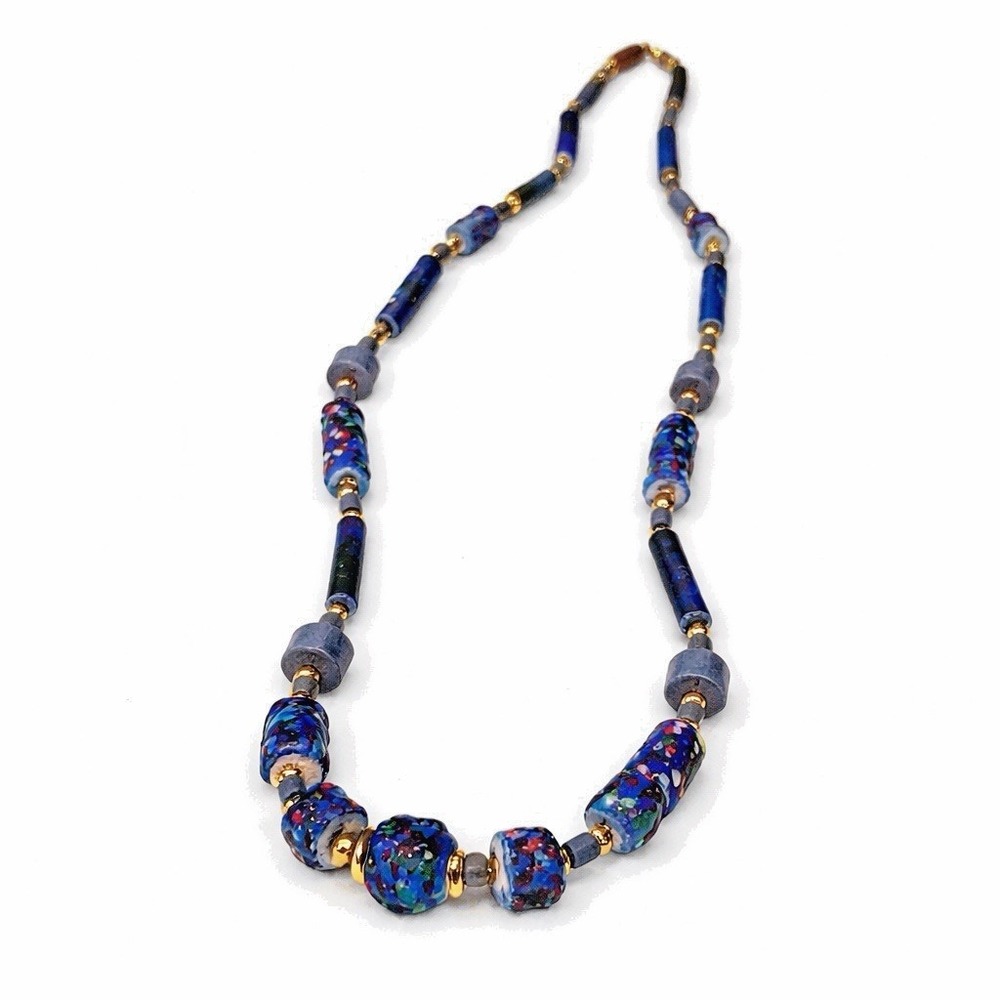 Artisan Millefiori Glass Wood Resin Beaded Necklace Multicolor Boho 22 Inch